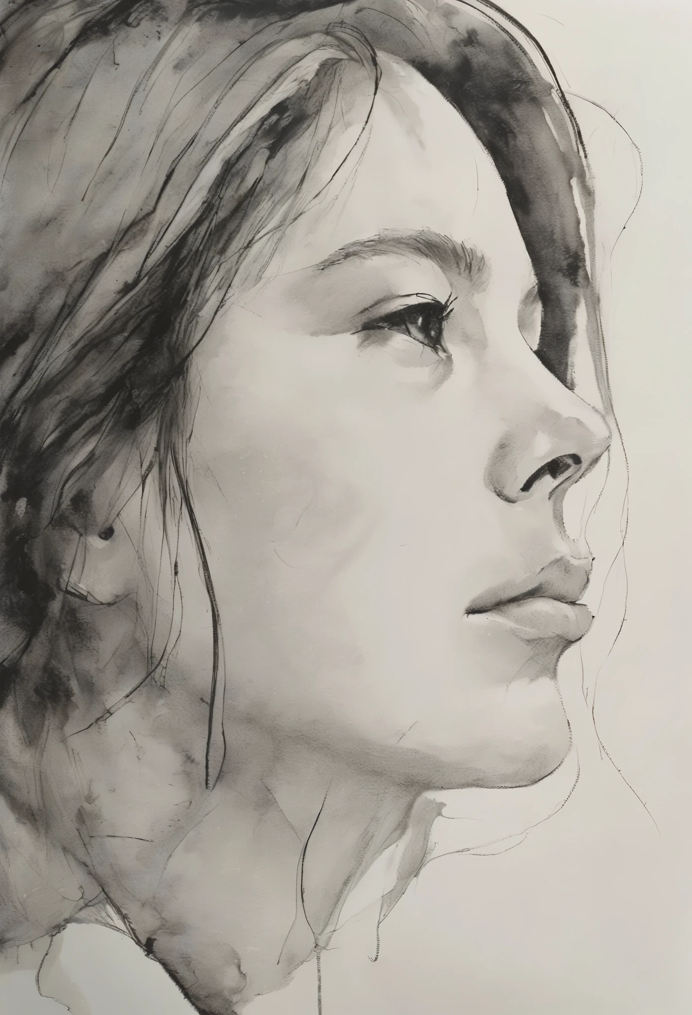 (best quality, high resolution, masterpiece:1.2), Super detailed, actual:1.37, black ink sketch, smooth lines, Expressive facial expressions and gestures, simple background, Emphasis on light and shadow and spatial perception, Abundant negative space, young girl.ink portrait,smooth lines,expressive facial features,Subtle emotions,Ink strength comparison,simple background,Emphasis on light and shadow,spacious,Abundant negative space,peaceful atmosphere,peaceful atmosphere,dreamy mood,Subtle yet charming details,pastel colors,Calm and introspective,elegant gesture,Gentle movements,Gentle and innocent,elegant whisper,Quiet and elegant,shining,sublime beauty,Vector illustration,black and white,Natural and organic,nourishing and calming,Sublime simplicity,Ethereal charm.