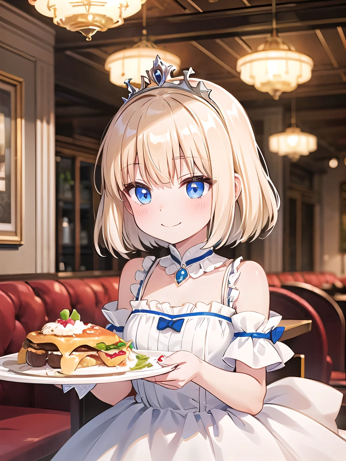 woman portrait ,blonde、princess party dress、　Clothes,restaurant,cinematic lighting、closed mouth、smile、blush、beautifully styled hair、straight、white party dress、tiara、meal、ingredients
