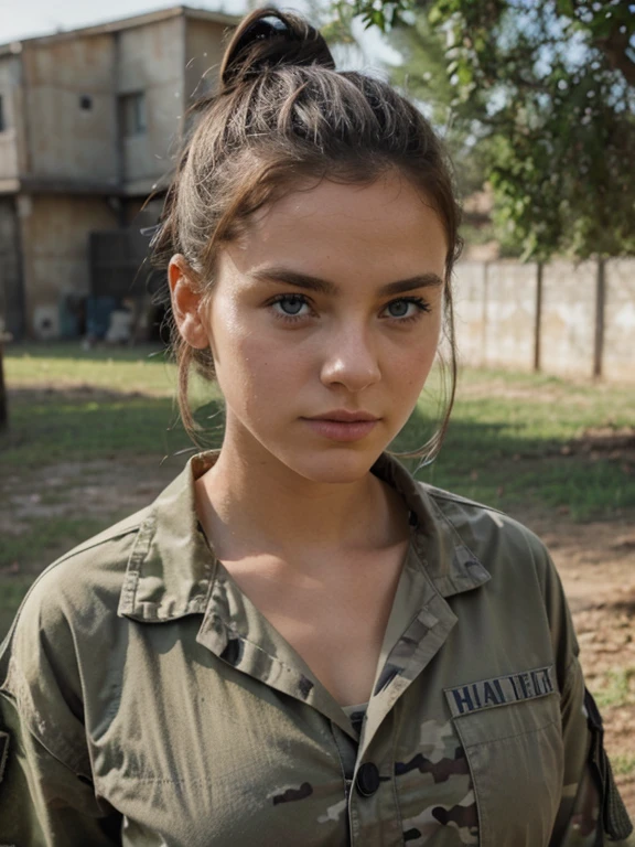 French, messy bun, blue eyes, camo military fatigues, outdoor, barracks, tired