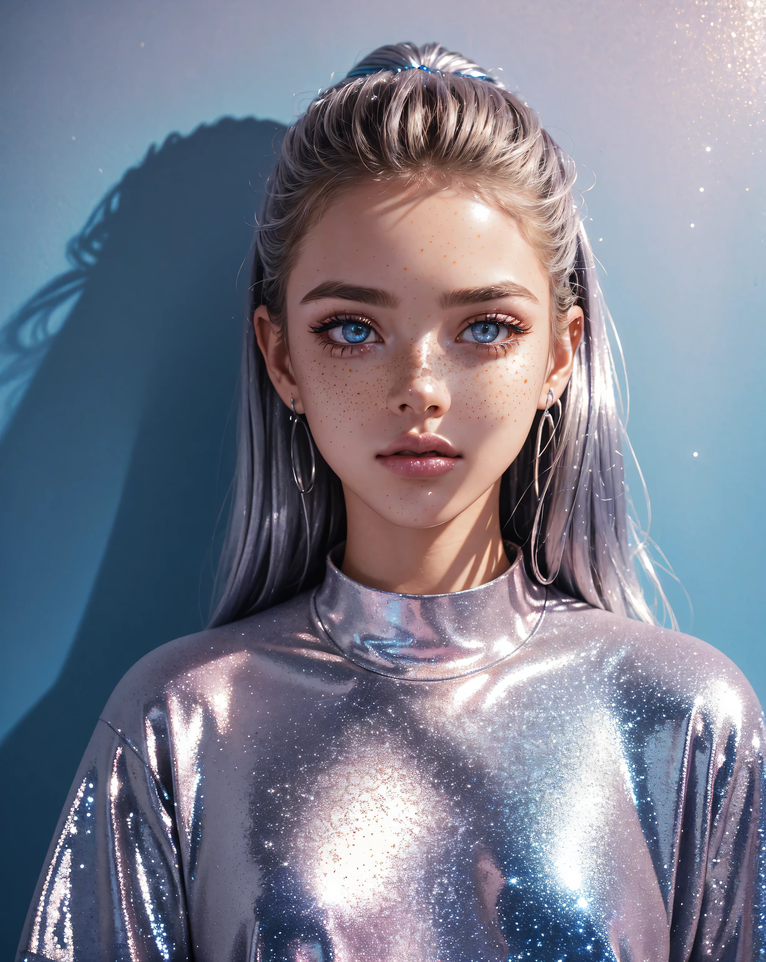 photo of girl standing in front of a silver blue wall, hands behind the body, silver blue shirt, very big lips, brown eyes, freckles, surreal dramatic lighting shadow (lofi, analog-style), kodak film, pink and silver blue tones, glitter, shiny, dream shot, sharp details, standing, yellow makeup, defined edges, glistening body, 