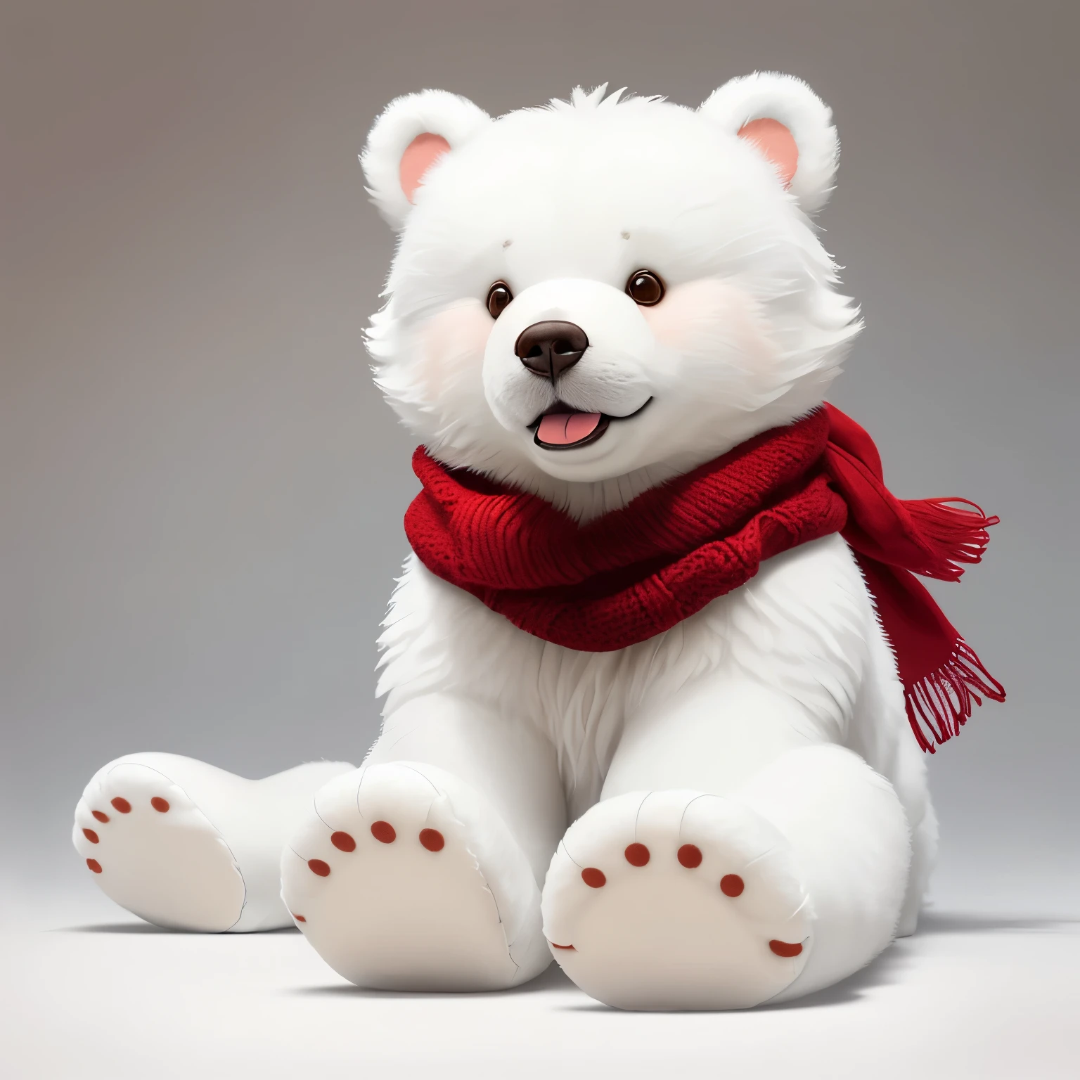 Imagine a plush white bear with soft, shaggy fur, its round nose and intelligent brown eyes radiating warmth and friendliness. Its paws are dressed in tiny red boots, and a red scarf adorns its neck, adding a cozy touch. The gleaming white fur contrasts beautifully with the rich, warm tones of its surroundings, creating a captivating scene. This plush white bear exudes a sense of comfort and joy, sure to bring a smile to anyone's face.