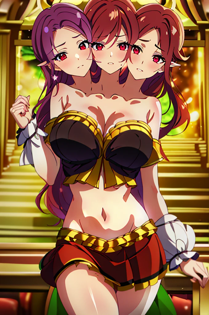 (masterpiece, best quality), best quality, (ultra-detailed), (3heads:1.5), 1girl, (kotohime:1.3), masterpiece, best quality, ultra quality, ultra resolution, ultra detail, purple top, crop top, ((stomach)), midriff, ((groin)), exposed open belly, purple skirt, normal ears, shackles, red hair, very long hair, wavy hair, sidelocks, red eyes, detailed eyes, pupils, parted lips, open belly, sweat, cute, toned belly, hand on own chest, eyelashes, (25 year old woman:1.3), (masterpiece:1.5), (best quality:1.5), (beautiful detailed), extremely detailed CG, extremely delicate and beautiful, depth of field, (finely detailed face), (perfect details:1.2), (mature female:1.3), wide pelvis, slender, large veiny breast, 16k resolution, highres, very high quality, very high definition, extremely detailed, masterpiece, red hair, long hair, alluring presence, braid, short skirt, close up, big tits, young,