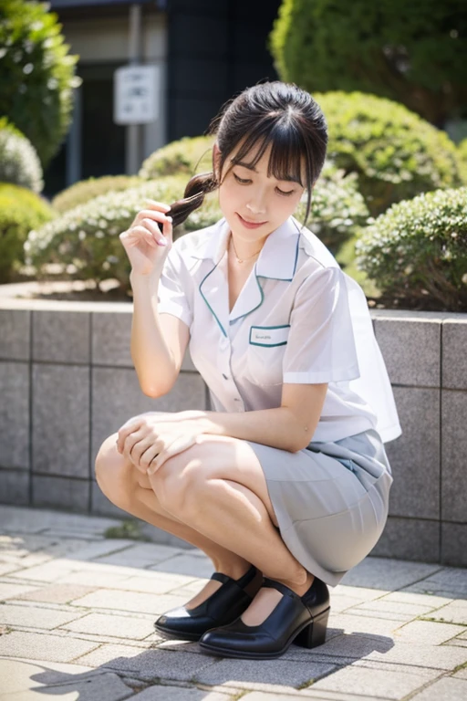 Japanese beauty、A slip is visible from under her office uniform., Not wearing a skirt, business clothes, woman wearing office dress, Work clothes, Work clothes, catalog photo, from me, Detailed image, business clothes装, Image Center, grey, white underwear、The white slip is visible、A white chemise is visible、Crouching down and looking at me