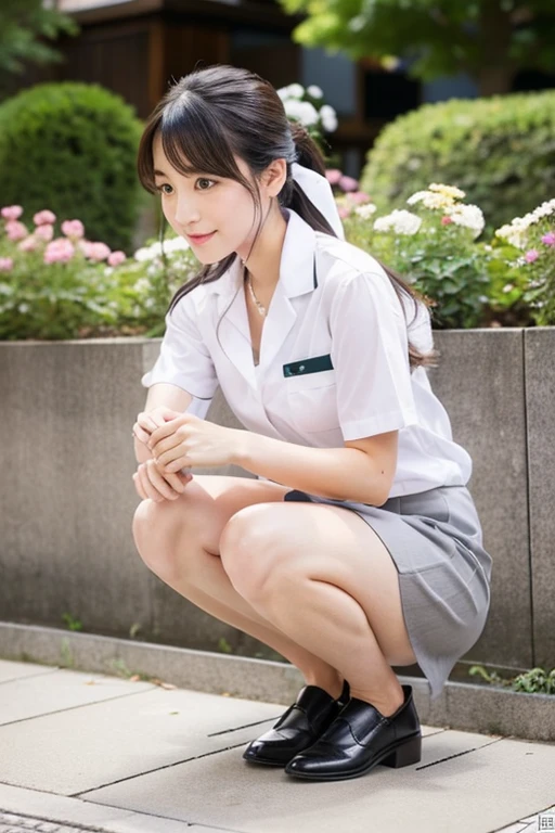Japanese beauty、A slip is visible from under her office uniform., Not wearing a skirt, business clothes, woman wearing office dress, Work clothes, Work clothes, catalog photo, from me, Detailed image, business clothes装, Image Center, grey, white underwear、The white slip is visible、A white chemise is visible、Crouching down and looking at me