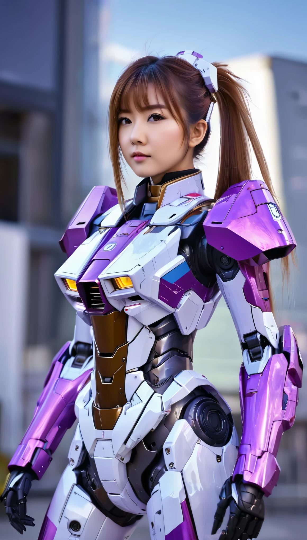 RAW, Masterpiece, Ultra Fine Photo,, Best Quality, Ultra High Resolution, Photorealistic, Sunlight, Full Body Portrait, Stunningly Beautiful,, Dynamic Poses, Delicate Face, wearing a mecha detector glass future transparent neon, Vibrant Eyes, a full body of a woman in a purple and white gundam custume, dybamic pose, pony tail long brown very very long hair rapunzel, girl in mecha cyber armor, portrait armored astronaut girl, d. va from overwatch, female mecha, on a gundam, gundam head, chiho aoshima color scheme, mobile suit, streamlined purple armor, fully robotic!! girl, realistic cosplay, gundam armor (dynamic pose) (best cameraview), full body, sit down, full body