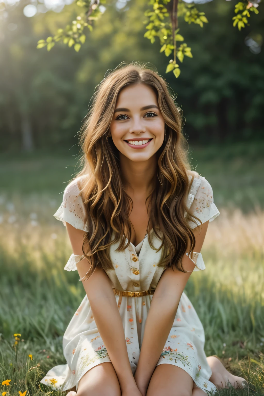 (beautiful detailed hair, delightful freckles), village scenery, (lush green grass, colorful wildflowers), (soft sunlight, golden hour), (charming smile, mischievous expression), (playful pose, hands on knees), (flowing dress, vibrant red), (whimsical breeze, flowing hair), (bokeh background, dreamy atmosphere), (oil painting, impressionistic style), (highres, professional), (vivid colors, rich tones), (joyful, carefree), (captivating, enchanting)