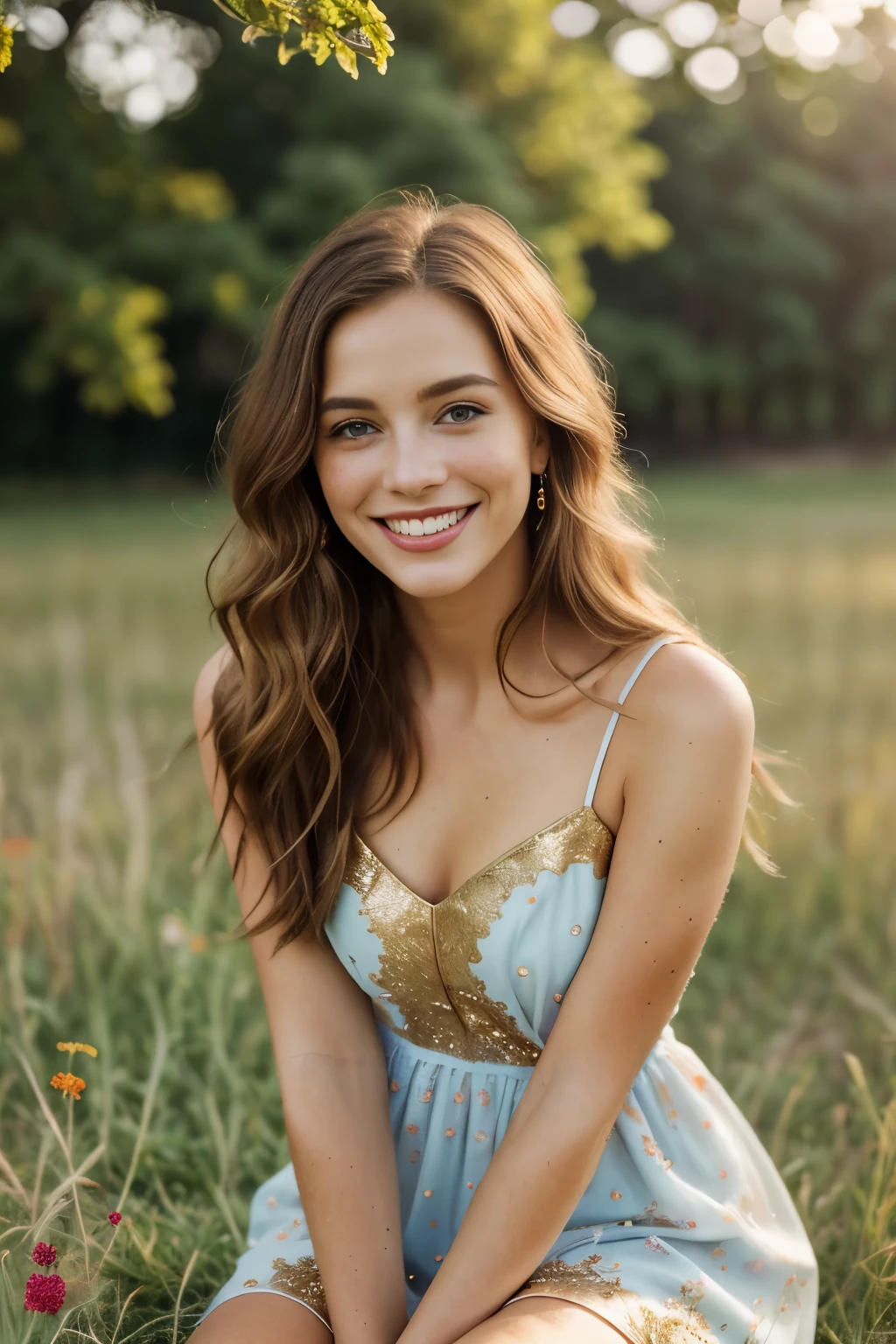 (beautiful detailed hair, delightful freckles), village scenery, (lush green grass, colorful wildflowers), (soft sunlight, golden hour), (charming smile, mischievous expression), (playful pose, hands on knees), (flowing dress, vibrant red), (whimsical breeze, flowing hair), (bokeh background, dreamy atmosphere), (oil painting, impressionistic style), (highres, professional), (vivid colors, rich tones), (joyful, carefree), (captivating, enchanting)