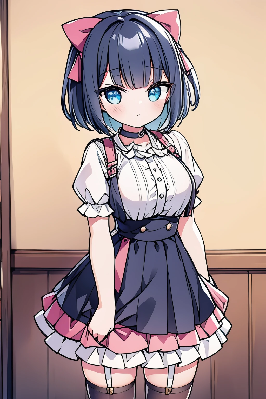 Mine series Two Toneの髪 pink black G cup skirt garter belt choker ribbon bob masterpiece highest quality High resolution blue eyes short sleeve blackい服
big breasts Two Tone
