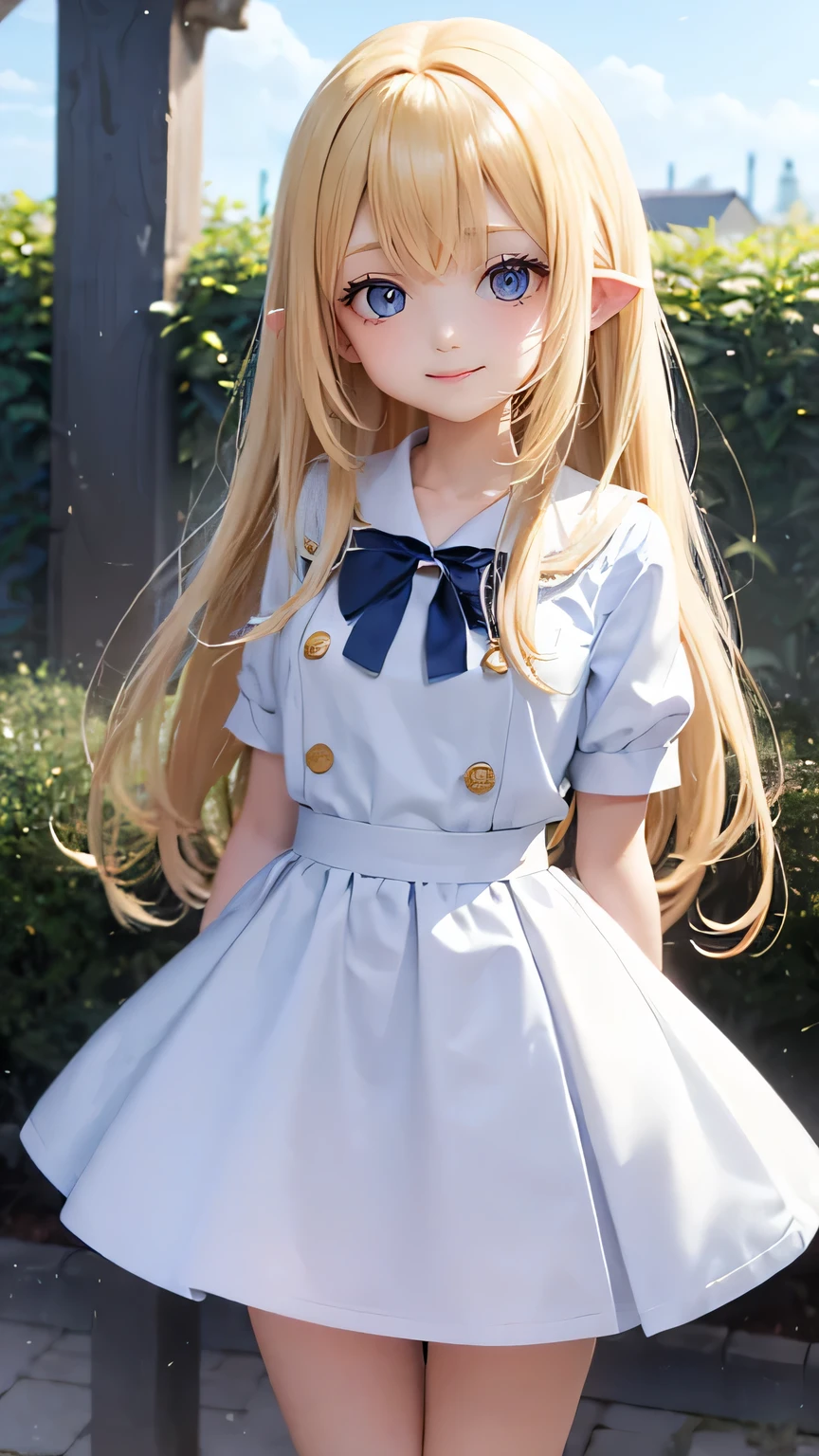 very cute girl、11 years old、light yellow hair、long straight hair、Bangs are too close to the eye、Light Blue Eye、(normal ears)、thin arms、Beautiful body、slim legs、big eyes、large, well-shaped breasts,、clear white skin、smile、(school uniform、uniform white and blue)、Rose Garden、Super high quality、digital single lens reflex、