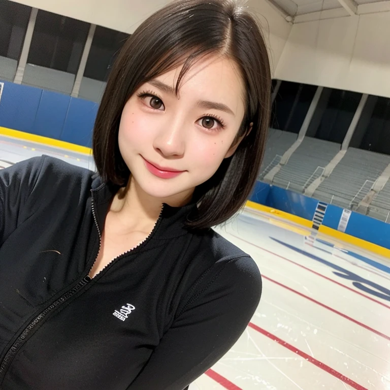 (kawaii 24 year-old Japanese girl, Nogizaka idol, Korean idol), healthy female athlete, figure skater, (glossy black hair, messy very short hair, messy pixie cut, symmetric hair length, even length hair edges:1.3), (bangs), (rounded face, black eyes, single eyelid, no makeup, soft smiling:1.2), (wearing long sleeved black training half zip tops:1.3), flat chest, extra small breasts, black sports leggings, (looking at viewer:1.2), BREAK, (ice skate arena background:1.3), (dynamic angle:1.3), face focus, BREAK, (masterpiece, best quality, photo realistic, official art:1.4), (UHD, 8K quality wallpaper, high resolution, raw photo, golden ratio:1.2), (shiny skin), professional lighting, physically based rendering, award winning, (perfect anatomy, highly detailed skin, extremely detailed face and eyes), Carl Zeiss 300 mm F/2.8, depth of field, 1girl, solo,