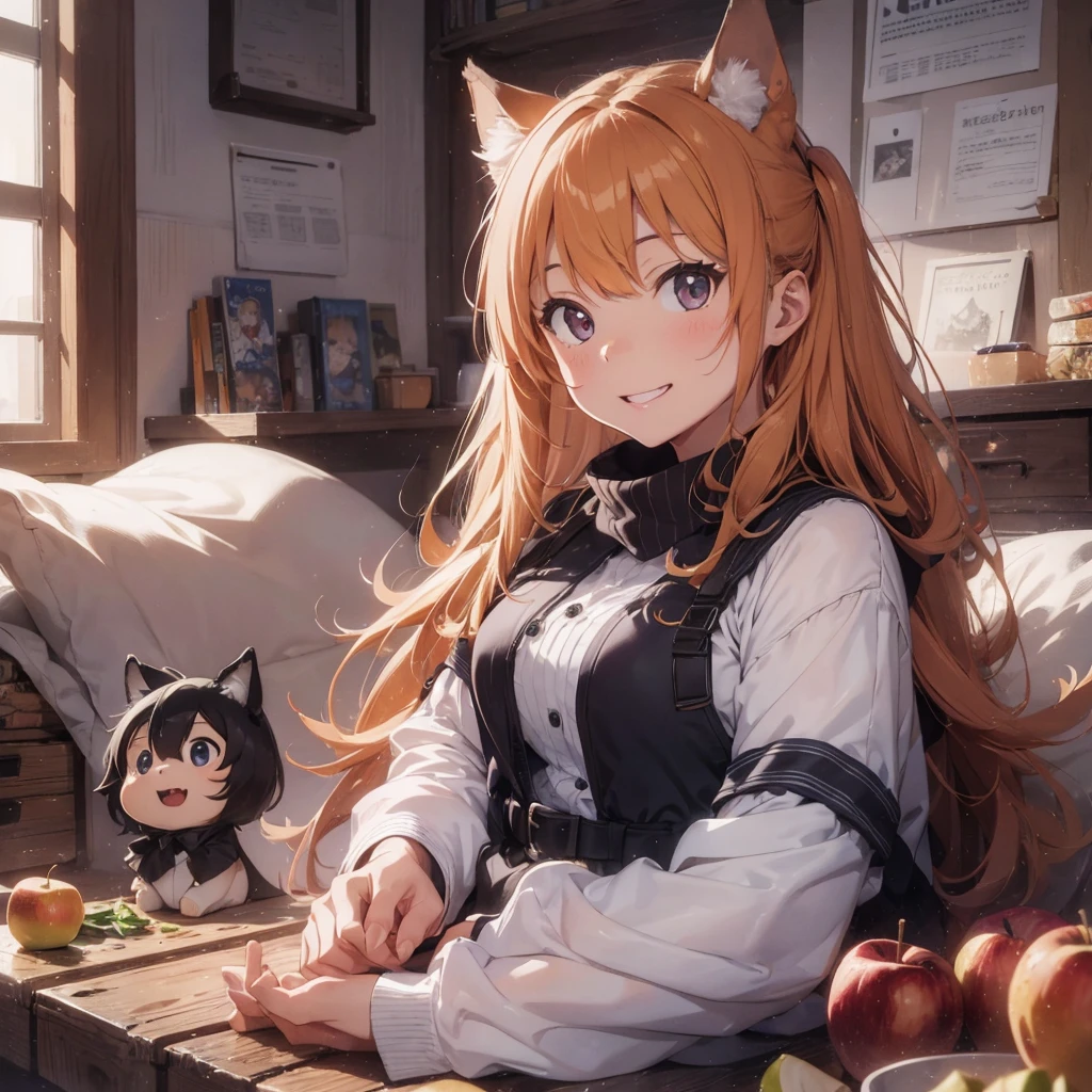 (best quality:1.2), (ultra detailed:1.2), ultra high resolusion, highres,8k, Country roads, wheat fields, hoodless horse-drawn carriage, "Spice and Wolf", Holo lying on a heap of apples piled up on a loading platform, grin, orange hair, long hair, wolf ears, bushy wolf tail, afternoon, and a little apple left with only a core,