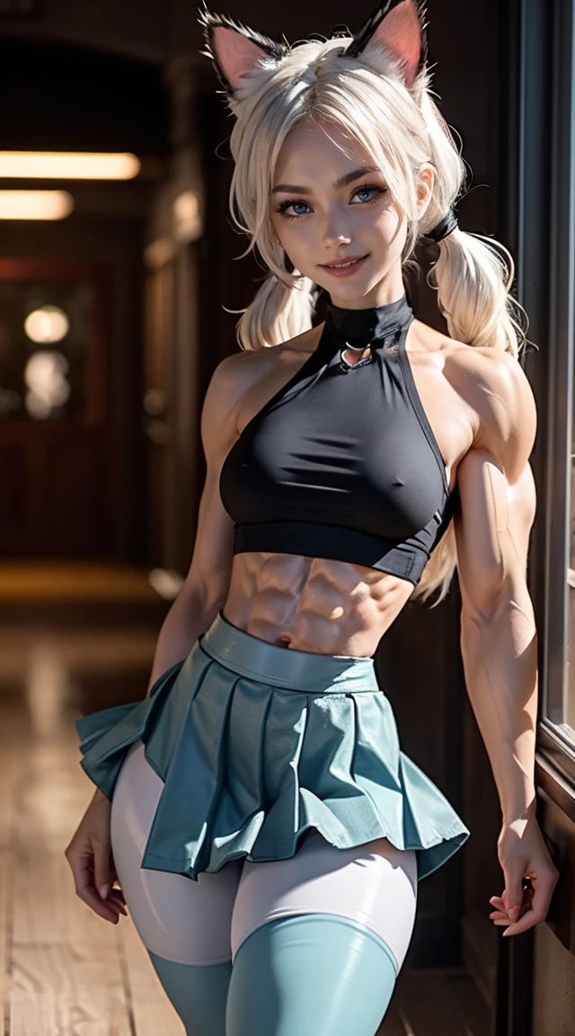 (Muscular:2.5), (thick thighs:2.4),
(cat girl, cat ears:1.8), (white hair, short high pigtails, light blue eyes:1.5), (big smile:1.6),
detailed eyes, clean skin, low key (DETAILED SKIN),
(small breasts:2),
eyeshadow, lipstick,
choker, (halter top, midriff, fur, leggings:1.8), (flared skirt:2.4),
(upper body view:1.4), (three quarter view), (looking at viewer),
dark bedroom, (dawn lighting), rim lighting, two tone lighting, dimly lit, bokeh
