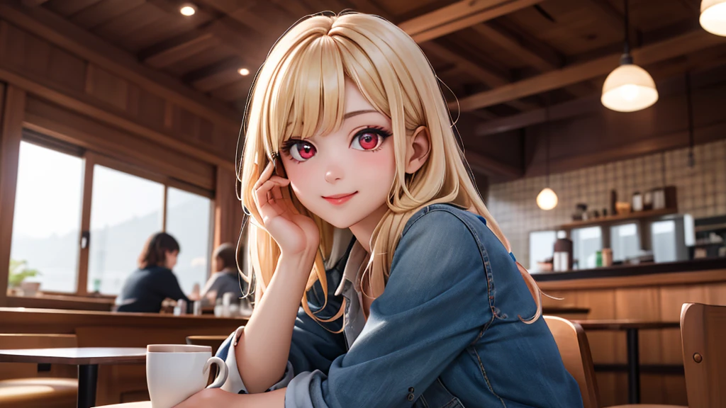 (original photo, best quality), 1 girl with blonde hair and red eyes,  Kitagawa Umimu, natural lighting, Upper body, cafes, Smile,
Satosh Khan Art Style