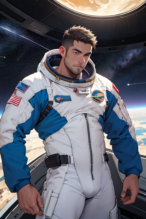 Hombre, muscular, astronauta, en el espacio