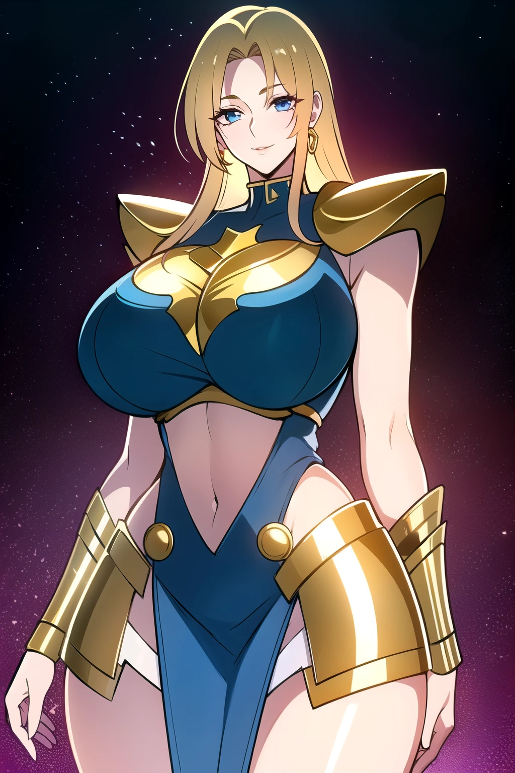 ultra realistic 8k cg, masterpiece, ((ultra detailed background,  intricate detail, highly detailed, fine details best quality, hyperdetailed face)), gigantic breasts ,beautiful lighting, absurdres, BoaHancockV2,  1girl, solo, (blonde hair), long hair, jewelry, closed mouth, ), ((Wearing shiny gold armor: 1.4)， (Saint Seiya Armor: 1.4), curvy, midriff, curvy, thighs, shiny clothes), blue eyes, complex detailed background, inside, luxury palace), ((cowboy shot)), curvy, (gigantic breasts: 1.1), seductive smile, cowboy shot,