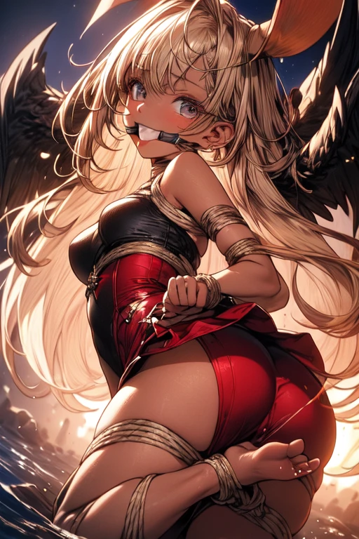 (best quality,4k,8k,highres,masterpiece:1.2),ultra-detailed, ultra-fine painting,sharp focus,physically-based rendering,extreme detail description,professional,vivid colors,bokeh, portraits,illustration, (girl seen from behind:1.5),
(A girl lying down on her stomach;1.4), her mesmerizing eyes gazing into the distance, her lips slightly parted with a hint of a smile.
Her hands are tied behind her back with a rope, her fingers delicately intertwined. The rope extends to her feet, which are tied in the air, creating an intriguing and dynamic composition. The rope serves as a connection between her hands and feet, emphasizing both vulnerability and strength.
The girl's hair flows beautifully, cascading down her back, its strands capturing the sunlight and reflecting its golden hues. She wears a flowing dress, adorned with intricate details and patterns, emphasizing her elegant and ethereal presence.