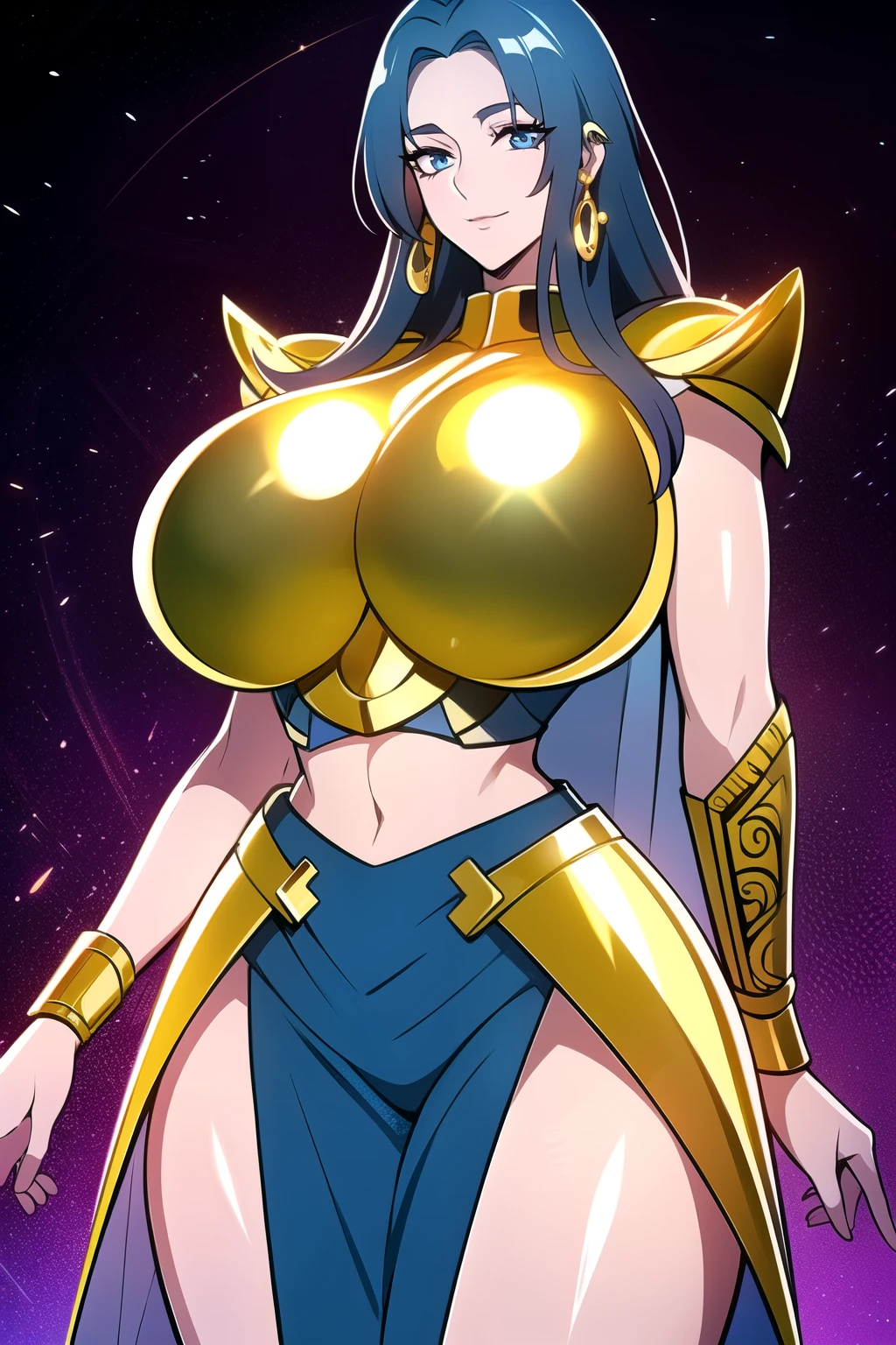 ultra realistic 8k cg, masterpiece, ((ultra detailed background, intricate detail, highly detailed, fine details best quality, hyperdetailed face)), gigantic breasts ,beautiful lighting, absurdres, BoaHancockV2, 1girl, solo, (light blue hair), long hair, jewelry, closed mouth, ), ((Wearing shiny gold armor: 1.4), (Saint Seiya Armor: 1.4), curvy, midriff, curvy, thighs, shiny clothes), blue eyes, complex detailed background, inside, luxury palace), ((cowboy shot)), curvy, (gigantic breasts: 1.1), seductive smile, cowboy shot,