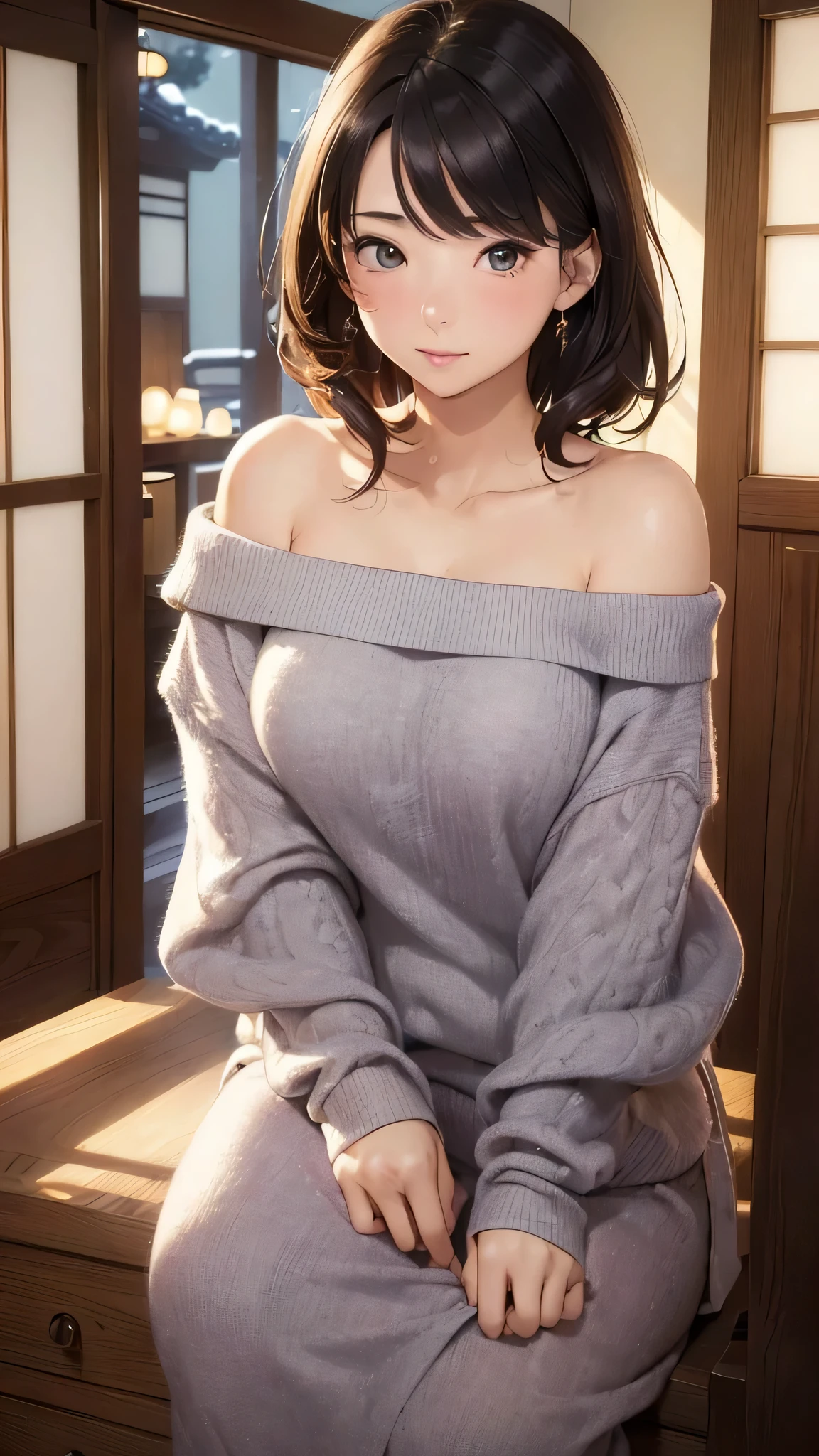 (((masterpiece))),(((High resolution)))、(((8K)))、(((perfect face)))、(((beauty of japan)))、40 years old、(((beautiful face))), (((girls room))), ((off shoulder sweater)), embarrassed look, look at the camera, top quality eyes, detailed texture, look at the camera, all body, big tits, chuby, plump, cool girl, wife