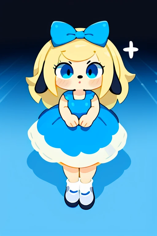 1girl,blue dog ears blue dress White socks black shoes black eyes blonde hair  blue bow at a stage with crowd