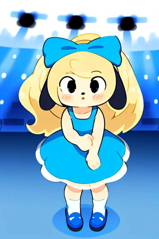 1girl,blue dog ears blue dress White socks black shoes black eyes blonde hair  blue bow at a stage with crowd