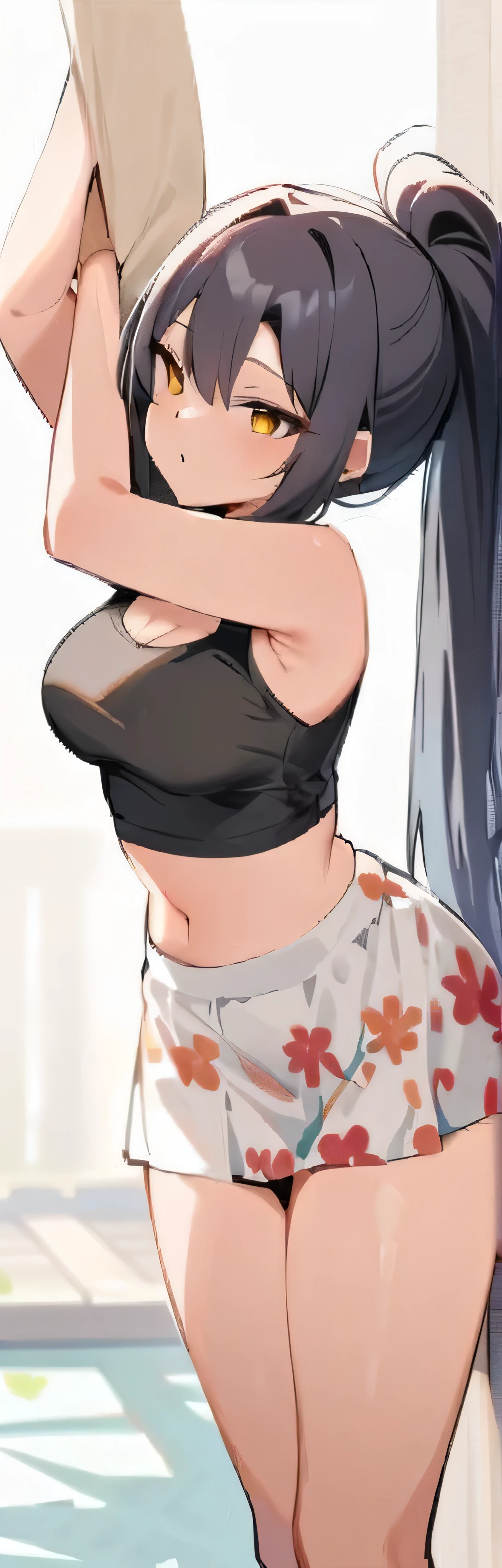 (Masterpiece, Best quality:1.2), 1girl, Single,Acquaintance_Divides,
Yuki eats, long hair,black sleeveless short vest,Floral skirt,black