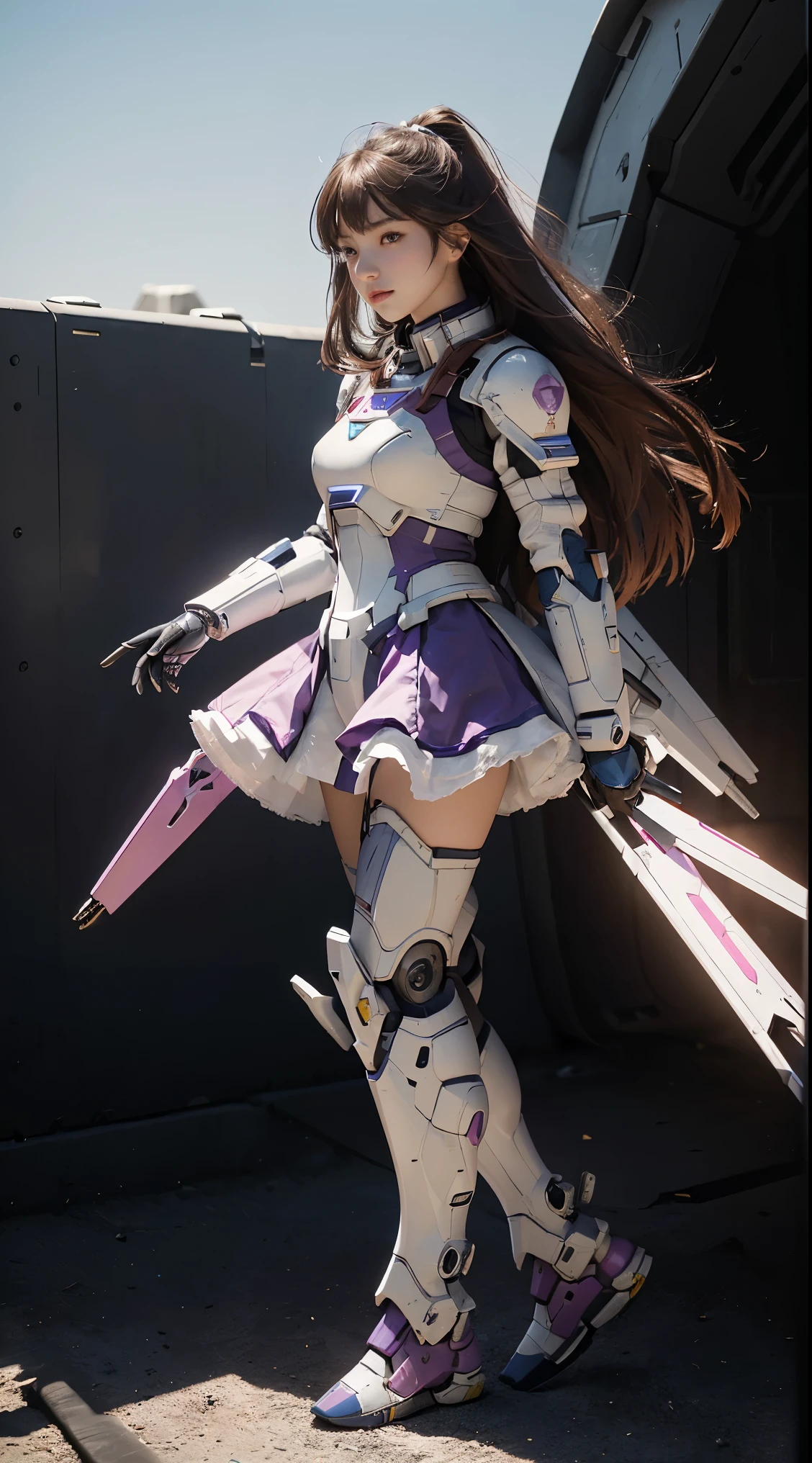RAW, Masterpiece, Ultra Fine Photo,, Best Quality, Ultra High Resolution, Photorealistic, Sunlight, Full Body Portrait, Stunningly Beautiful,, Dynamic Poses, Delicate Face, Vibrant Eyes, (Side View) a close up of a woman in a pink and white gundam custume, dybamic pose, long brown very very long hair rapunzel, girl in mecha cyber armor, portrait armored astronaut girl, d. va from overwatch, female mecha, on a gundam, gundam head, chiho aoshima color scheme, mobile suit, streamlined purple armor, fully robotic!! girl, realistic cosplay, gundam armor (dynamic pose) (best cameraview), full body