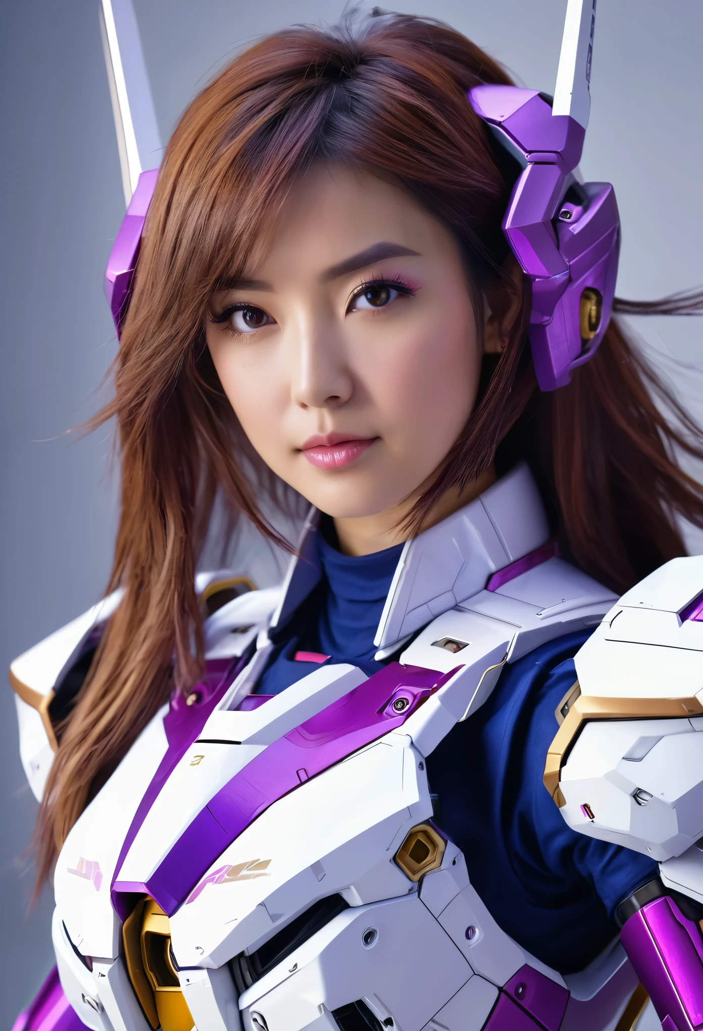 RAW, Masterpiece, Ultra Fine Photo,, Best Quality, Ultra High Resolution, Photorealistic, Sunlight, Full Body Portrait, Stunningly Beautiful,, Dynamic Poses, Delicate Face, Vibrant Eyes, a full body of a woman in a purple and white gundam custume, dybamic pose, long brown very very long hair rapunzel, girl in mecha cyber armor, portrait armored astronaut girl, d. va from overwatch, female mecha, on a gundam, gundam head, chiho aoshima color scheme, mobile suit, streamlined purple armor, fully robotic!! girl, realistic cosplay, gundam armor (dynamic pose) (best cameraview), full body, sit down, full body