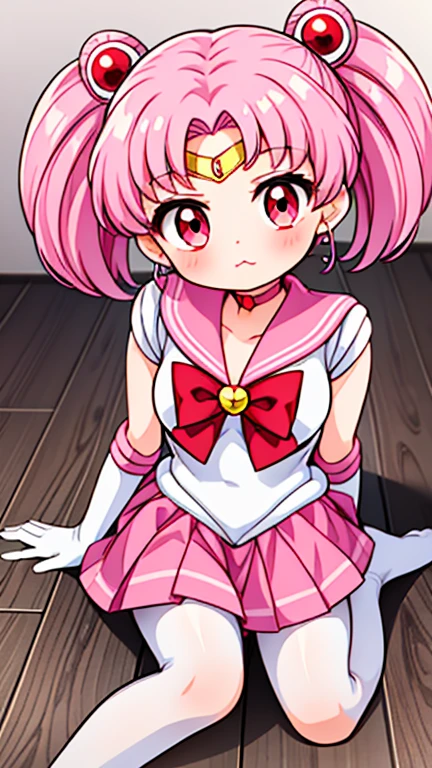 Sailor Moon,childhood,Young,Seven years old,Cute little loli,Pink hair twintails,red eyes,short hair,Sailor suit,bow tie,White elbow gloves,Red Skirt,sitting,no shoes,Pout,white pantyhose