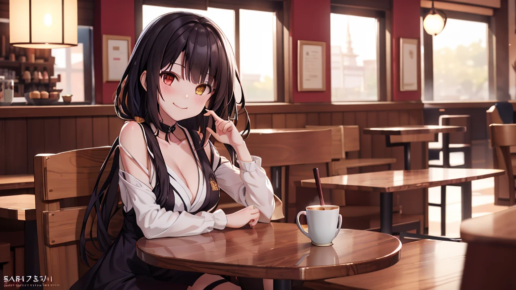 (original photo, best quality), 1 girl, Tokisaki Kurumi, natural lighting, Upper body, cafes, Smile, Satosh Khan Art Style