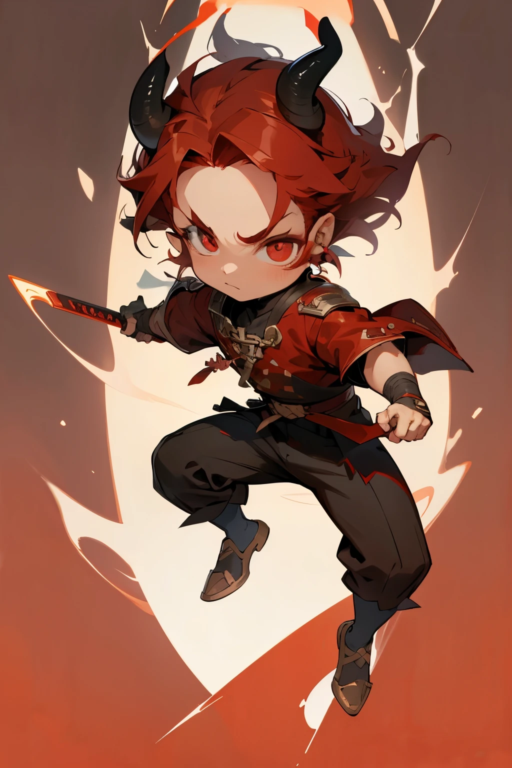 deamon horn, ogre horn, red color hair, black clothes, masterpiece,