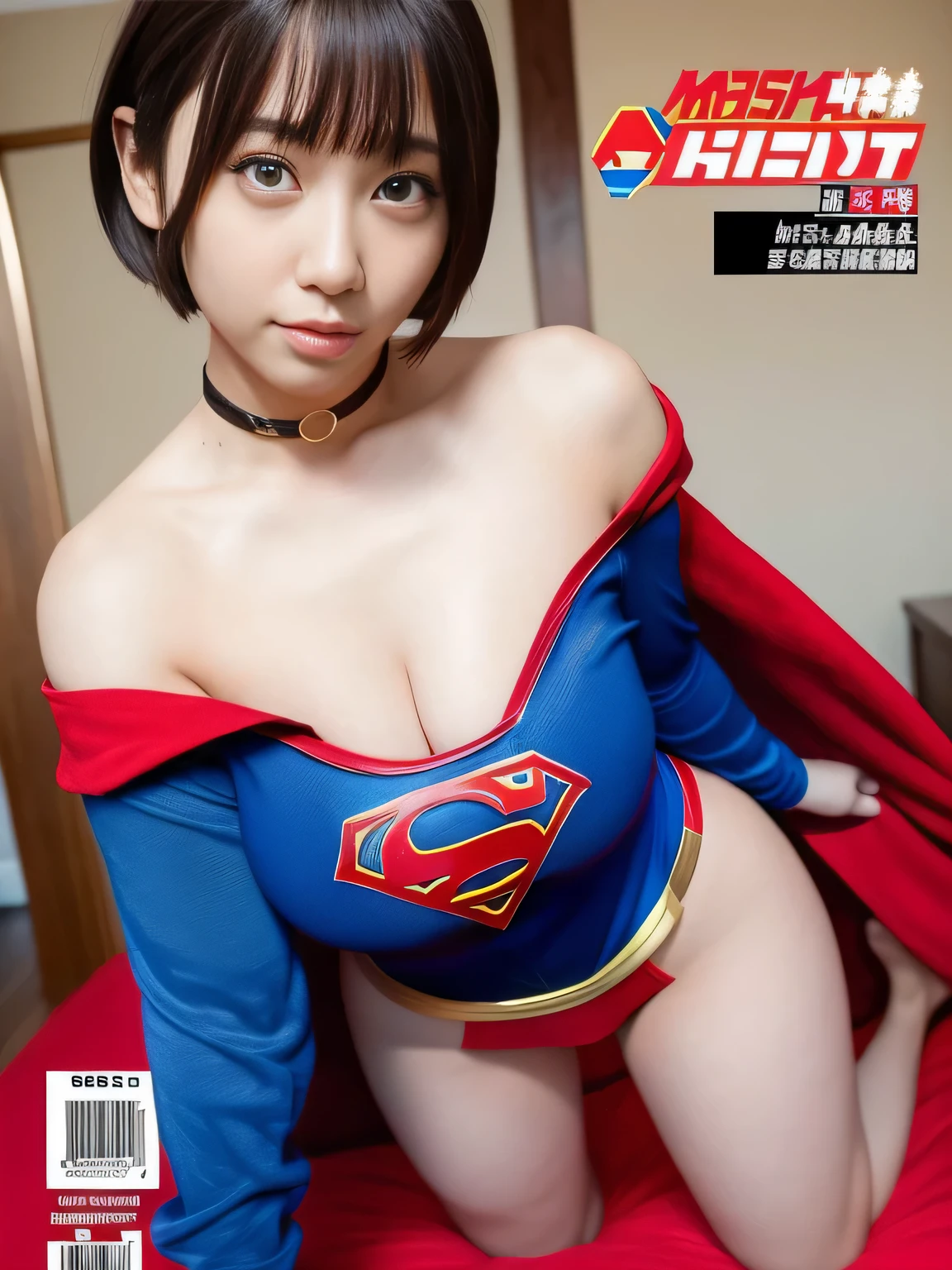masterpiece、supergirl costume、short hair、barefoot、big and full 、one's home、Striking a pose on the bed、Sexy po to seduce、model body shape、shiny、looking at camera、choker、long sleeve、red mini skirt、Weekly magazine cover、obscene、sweaty、Radical、off shoulder、Glamorous、charm、charming、Impressive、