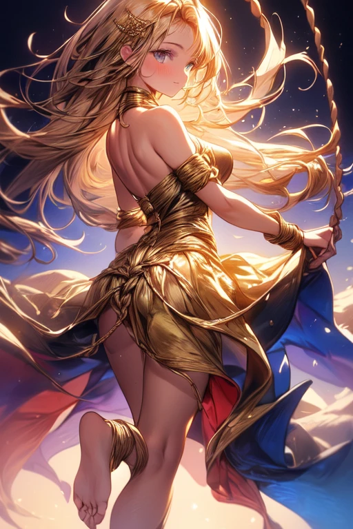 (best quality,4k,8k,highres,masterpiece:1.2),ultra-detailed, ultra-fine painting,sharp focus,physically-based rendering,extreme detail description,professional,vivid colors,bokeh, portraits,illustration, (girl seen from behind:1.5),
(A girl lying down on her stomach;1.4), her mesmerizing eyes gazing into the distance, her lips slightly parted with a hint of a smile.
(Her hands are tied behind her back with a rope, her fingers delicately intertwined. The rope extends to her feet, which are tied in the air:1.5), creating an intriguing and dynamic composition. The rope serves as a connection between her hands and feet, emphasizing both vulnerability and strength.
The girl's hair flows beautifully, cascading down her back, its strands capturing the sunlight and reflecting its golden hues. She wears a flowing dress, adorned with intricate details and patterns, emphasizing her elegant and ethereal presence.