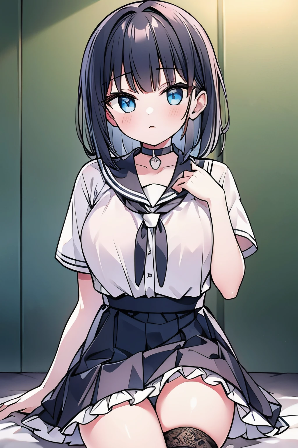 Mine series Two Toneの髪 pink black G cup skirt garter belt choker ribbon bob masterpiece highest quality High resolution blue eyes short sleeve blackい服
big breasts Two Tone skirt見せ bra