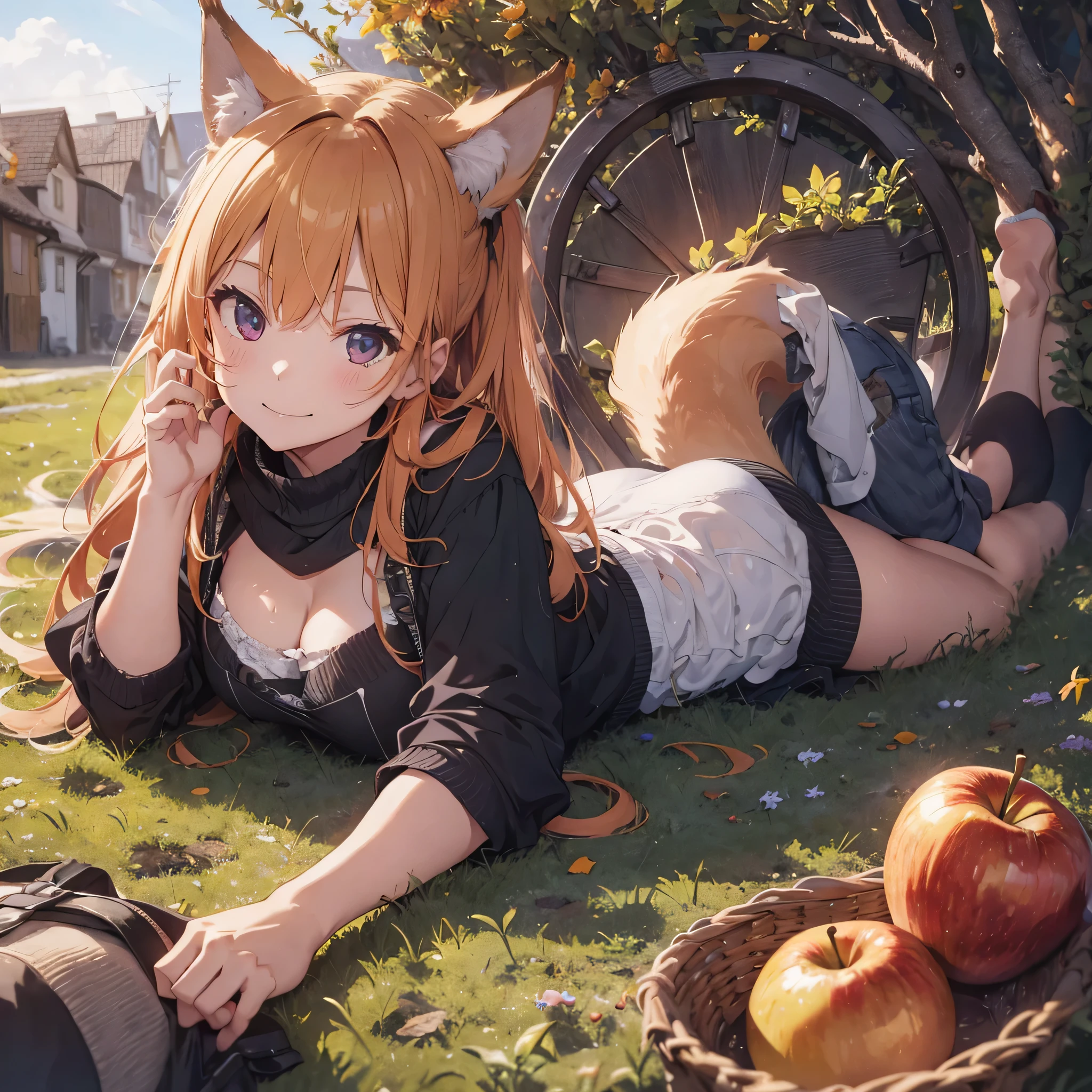 (best quality:1.2), (ultra detailed:1.2), ultra high resolusion, highres,8k, Country roads, wheat fields, hoodless horse-drawn carriage, "Spice and Wolf", Holo lying on a heap of apples piled up on a loading platform, grin, orange hair, long hair, wolf ears, bushy wolf tail, afternoon, and a little apple left with only a core,