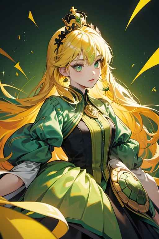 Turtle Princess looks like a turtle with long yellow hair, however she dyed it black in "Blank Eyed Girl." She has a crown with a green gem. She also has a dark green shell and brownish-green skin. Her eyes appear to be slanted . SPARKLE; GLITTE
