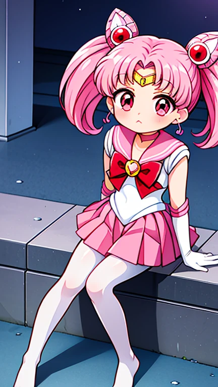 Sailor Moon,childhood,Young,Seven ,Cute little loli,Pink hair twintails,red eyes,short hair,Sailor suit,bow tie,White elbow gloves,Red Skirt,sitting,no shoes,Pout,white pantyhose