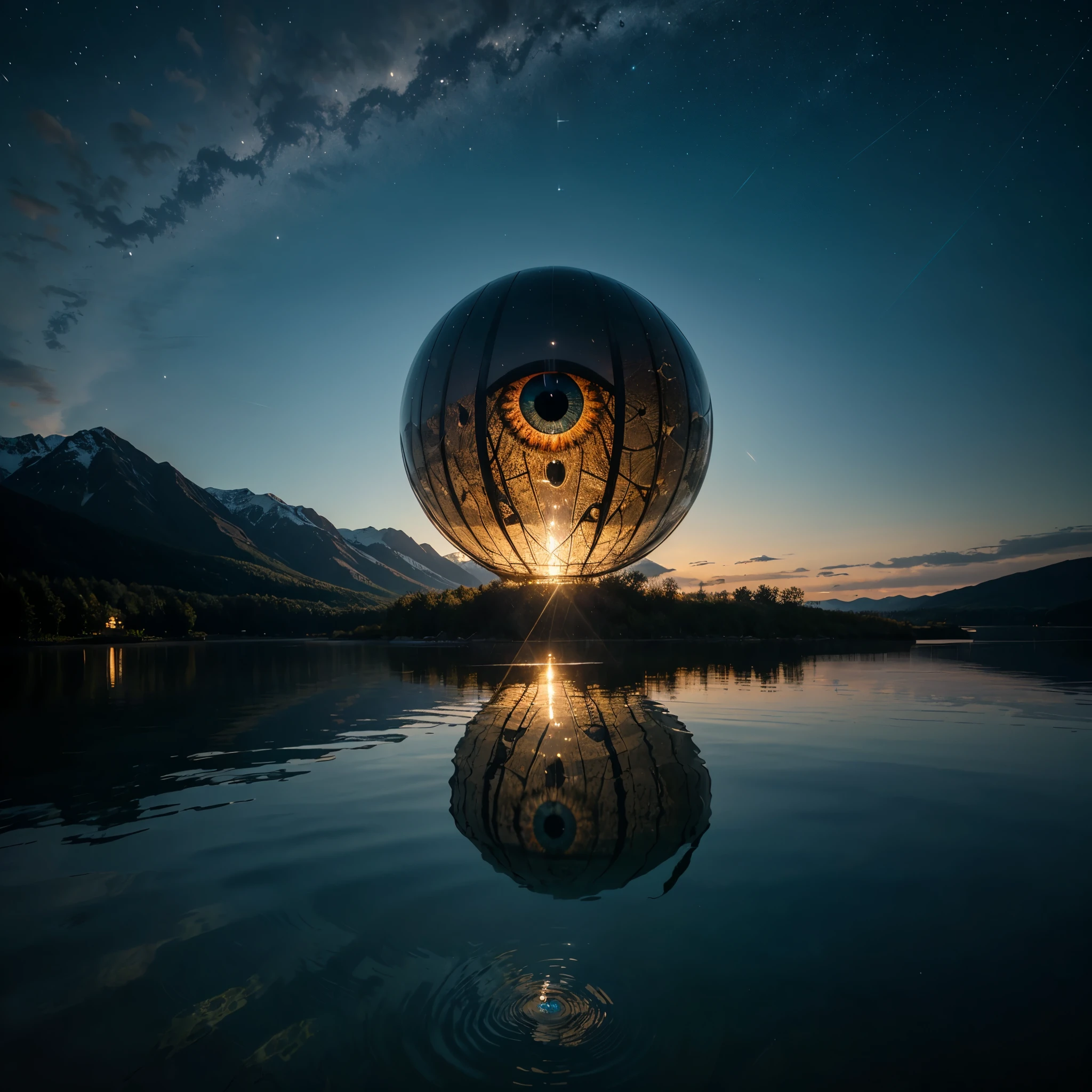 a giant eye emerges from the waters of a mountain lake. His reflection in the water is a real sight. The eye emerges from the waters during a starry night, high quality, realistic lighting, center of the picture, (a giant eye is reflected on the water), clear and quiet water surface, starry sky, mountains in background, (the eye is perfectly reflected on the water), (perfect reflections)