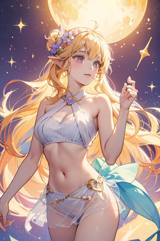 (Stella), (blonde hair, yellow eyes, Bangs), (Fairy outfit), (Double tail, long low braids, Fairy wings, orange suit, sparkling clothes, sparkling clothes), one shoulder, crop top, miniskirt, (Orange and Gradient Background), (sun and moon background), (sparkling), (actual:1.2), (masterpiece:1.2), (full-body shot:1),(cowboy shooting:1.2), neon lights, dark romantic lighting, (Very detailed:1.2),(Detailed face:1.2), (Gradient), rich and colorful, delicate eyes, (natural lighting:1.2), (shy cute pose:1.2), (alone, one person, 1 girl:1.5),back view，from behind