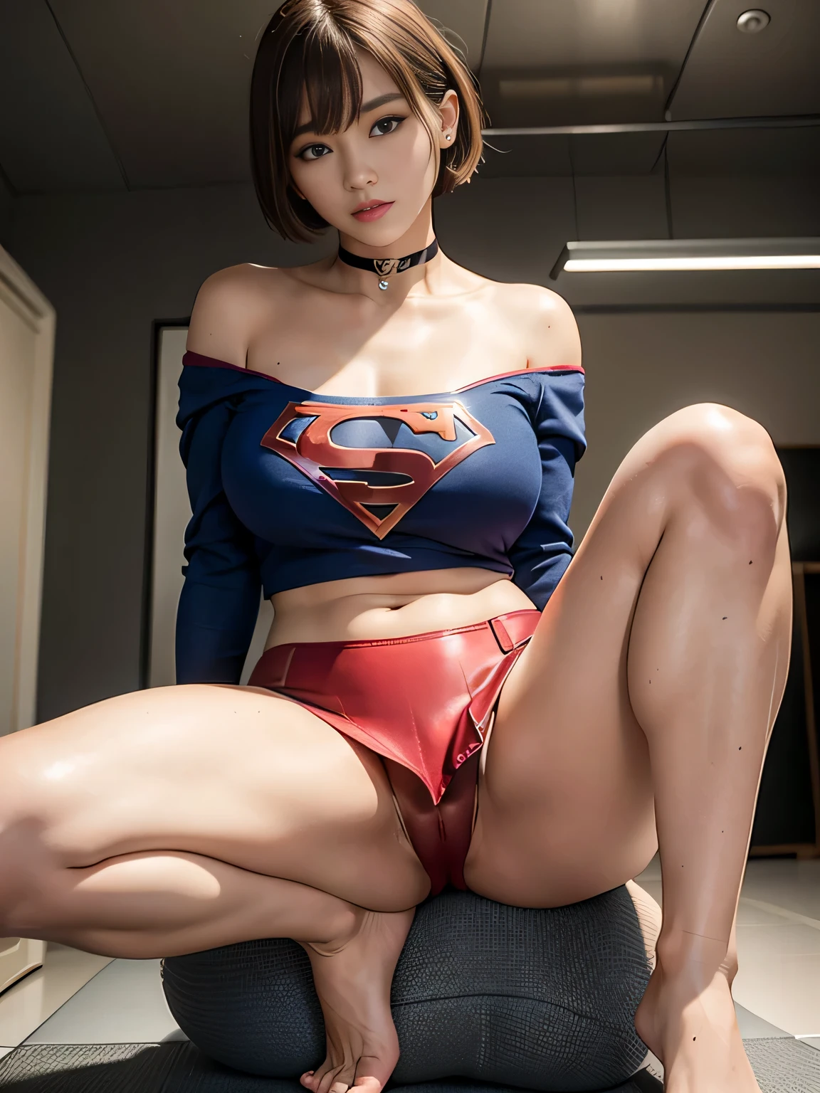 highest quality、masterpiece,Short-haired Supergirl sleeping in the operating room、big and full breasts、look at the camera、choker、long sleeve、barefoot、magazine cover、Wedgie、red 、tight costume、confused、wide 、、Show a glimpse、Glamorous、off shoulder、model body shape、Oily Skin、charm、charming、abused、test subject、