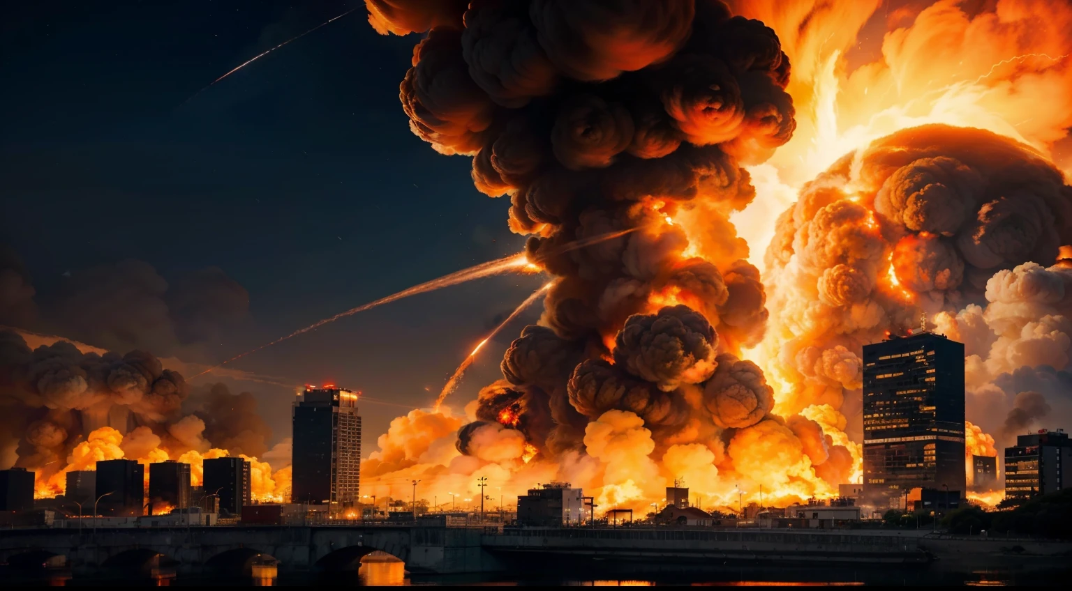 8k, obra maestra, incendio de una ciudad, llamas grandes, fuego intenso, atomic explosion in the background, buen detalle de fuego