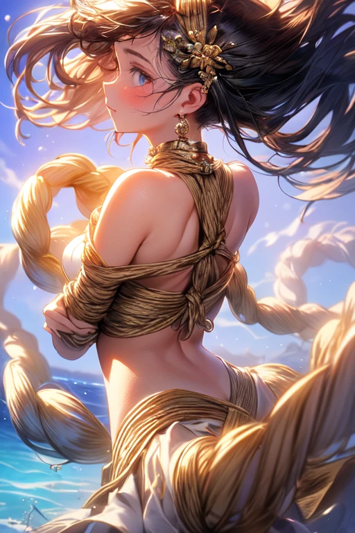 (best quality,4k,8k,highres,masterpiece:1.2),ultra-detailed, ultra-fine painting,sharp focus,physically-based rendering,extreme detail description,professional,vivid colors,bokeh, portraits,illustration, (girl seen from behind:1.5), 

(A girl lying down on her stomach;1.4), her mesmerizing eyes gazing into the distance, 
(Her hands are tied behind her back with a rope, her fingers delicately intertwined. The rope extends to her feet, which are tied in the air:1.5), creating an intriguing and dynamic composition. (The rope serves as a connection between her hands and feet, emphasizing vulnerability:1.5)

She wears a flowing dress, adorned with intricate details and patterns, emphasizing her elegant and ethereal presence.

