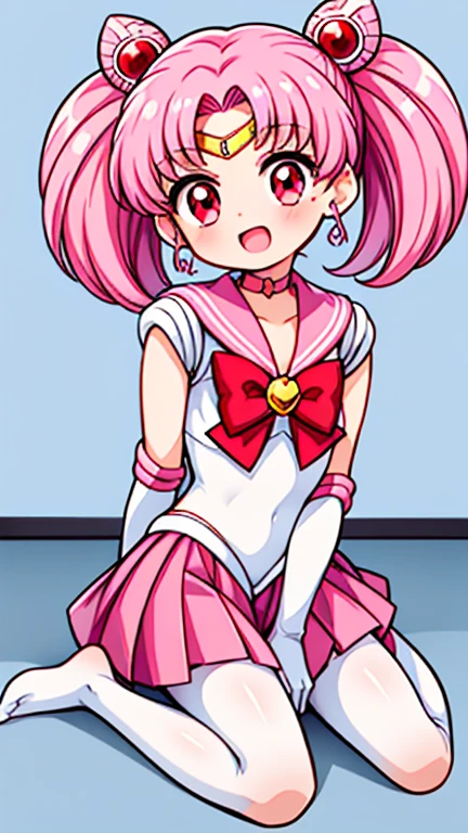 Sailor Moon,childhood,Young,Seven years old,Cute little ,Pink hair twintails,red eyes,short hair,Sailor suit,bow tie,White elbow gloves,Red Skirt,sitting,no shoes,Open your mouth,laughing out loud,white pantyhose