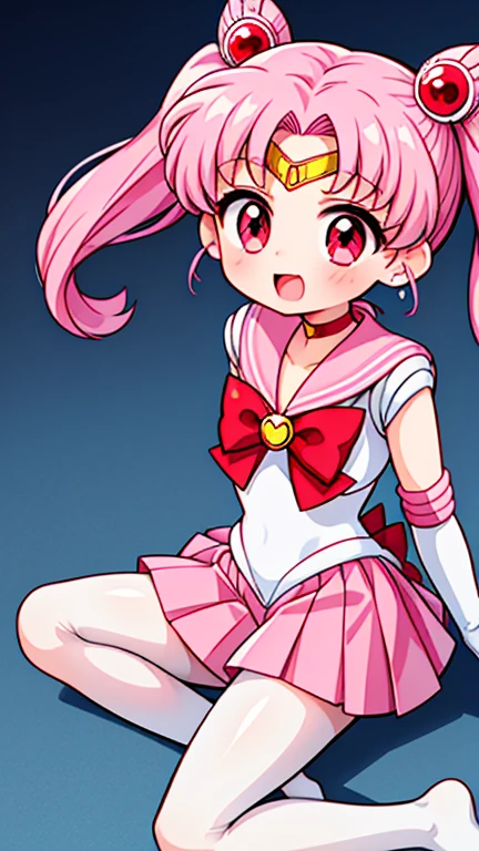 Sailor Moon,childhood,Young,Seven years old,Cute little loli,Pink hair twintails,red eyes,short hair,Sailor suit,bow tie,White elbow gloves,Red Skirt,sitting,no shoes,Open your mouth,laughing out loud,white pantyhose