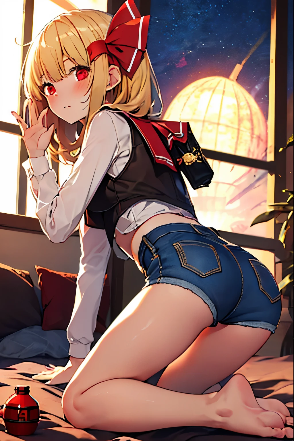 2D，highest quality，(masterpiece)，(full body)，Rumia，blonde，1 girl，，young，Small ears，healthy dark skin，黒のdenim hot pants，Tank top，barefoot，barefoot，attractive thighs，butt，(red ribbon on head )，Total，Bedroom，Get drunk，Sweat，upper grade，cheeks are bright red，(kneeling pose)， (wave hands)，Cute with bruises，erotic，i feel it，denim hot pants，night，breathing heavily，female brat，An evil kid like a little devil，背徳感を背負うようなfemale brat
