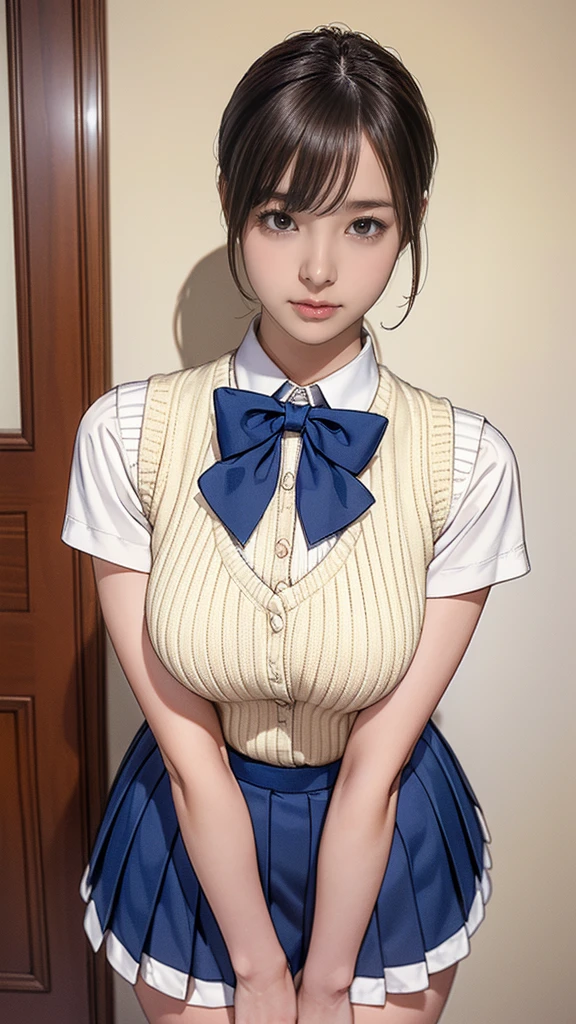 (masterpiece:1.2, highest quality), (realistic, photorealistic:1.4), beautiful illustrations, (natural side lighting, movie lighting), Depth of written boundary, 見る者を見つめるbeautiful thighs, (face focus, Upper body), Front view, 1 girl, English, high school girl, , perfect face, Cute symmetrical face, shiny skin, random uniform、(random hairstyle、blonde), Big eyes, long eyelashes chest), thin, expensive、beautiful hair, beautiful face, fine and beautiful eyes, beautiful clavicle, beautiful body, beautiful breasts, beautiful thighs, beautiful feet, beautiful fingers, ((fine fabric texture, Brown knitted vest, short sleeve white collar shirt, navy pleated skirt, Navy bow tie)), (beautiful scenery), evening, (Inside the flower shop), Are standing, (smile, Upper grade, open your mouth), (((skirt lift, I'm not wearing anything underneath、not wearing panties(1.5)、smooth pussy(1.6)、shave(1.6)、no hair(1.6)、shaved pussy))),(((flushed face(1.9)、Embarrassed and red face(1.9)、pain(1.9)、Severe pain(1.9)、crying face(1.9)、Blushing face and cheeks(1.5)、anger(1.9)、sad(1.9)、scream(1.9)))、