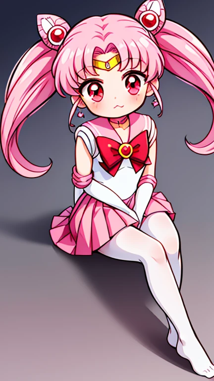 Sailor Moon,childhood,Young,Seven years old,Cute little loli,Pink hair twintails,red eyes,short hair,Sailor suit,bow tie,White elbow gloves,Red Skirt,sitting,no shoes,Pout,white pantyhose
