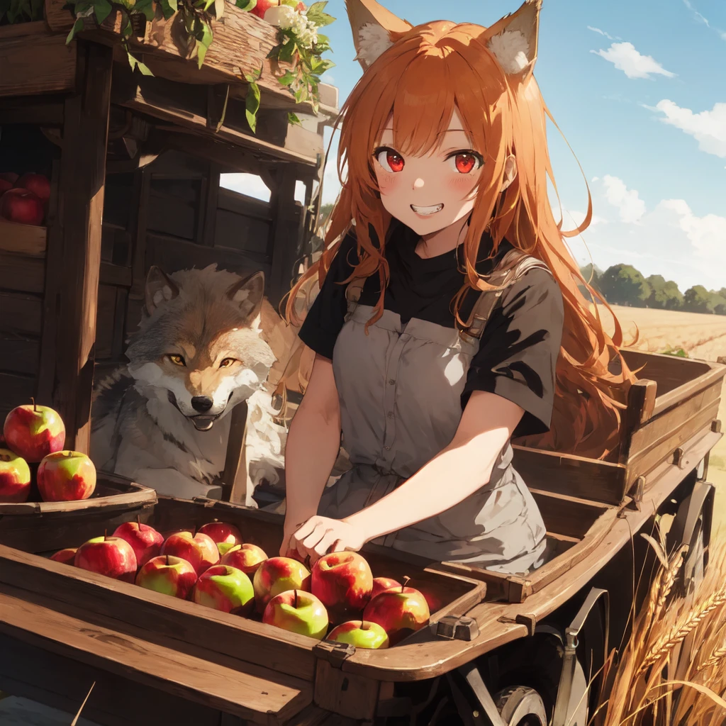(best quality:1.2), (ultra detailed:1.2), ultra high resolusion, highres,8k, Country roads, wheat fields, hoodless horse-drawn carriage, "Spice and Wolf", Holo lying on a heap of apples piled up on a loading platform, grin, orange hair, long hair, red eyes, wolf ears, bushy wolf tail, afternoon, and a little apple left with only a core,