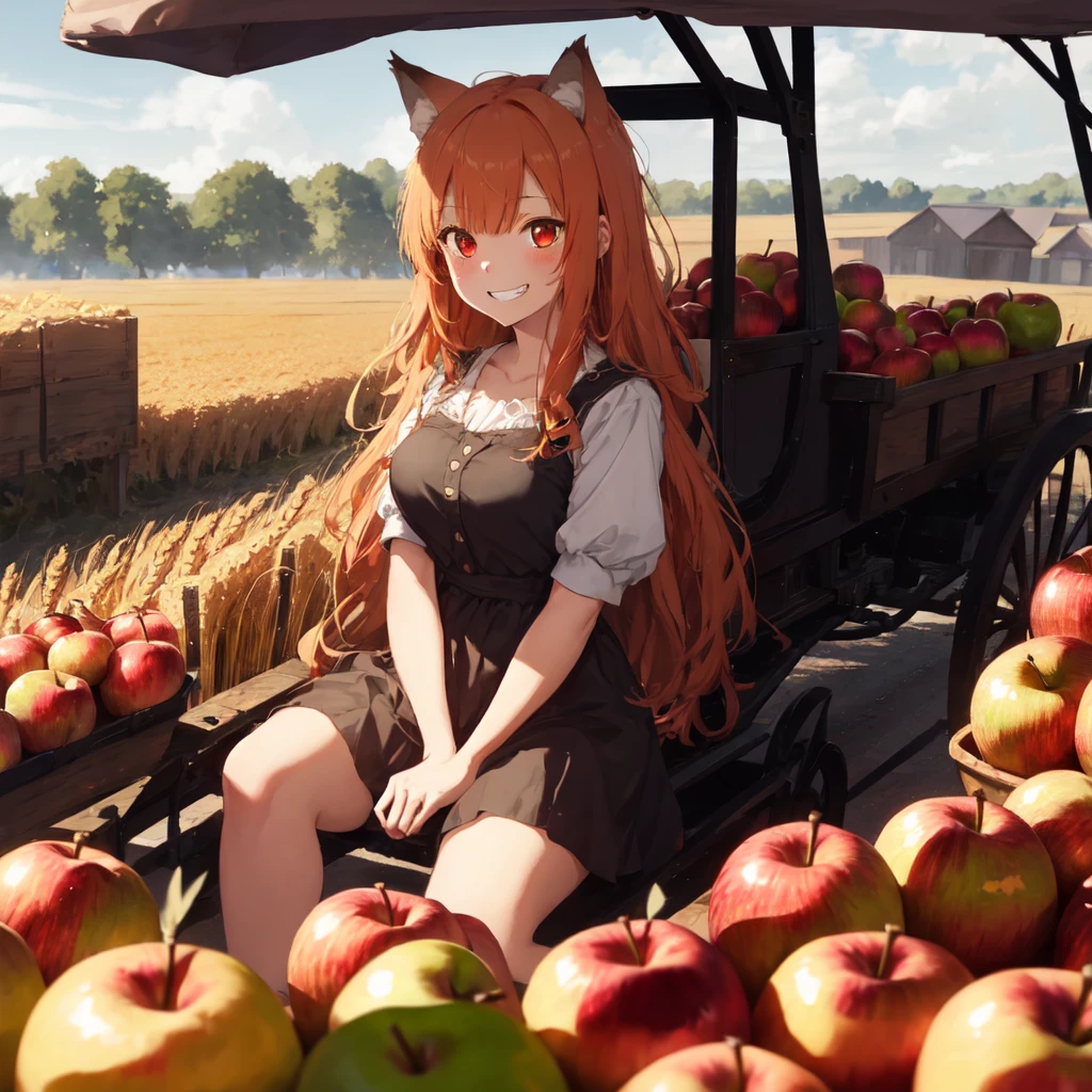 (best quality:1.2), (ultra detailed:1.2), ultra high resolusion, highres,8k, Country roads, wheat fields, hoodless horse-drawn carriage, "Spice and Wolf", Holo lying on a heap of apples piled up on a loading platform, grin, orange hair, long hair, red eyes, wolf ears, bushy wolf tail, afternoon, and a little apple left with only a core,