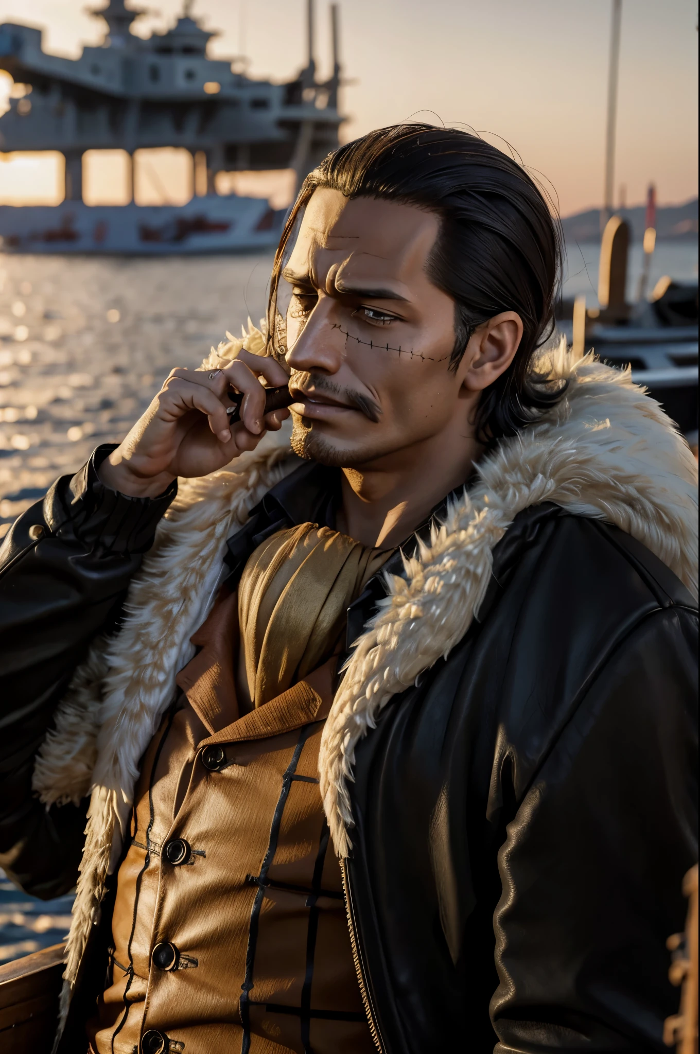 masterpiece, best quality, extremely detailed, hyperrealistic, photorealistic, a cool 40s man, ultra detailed face:1.2, fur-trimmed coat, scarf around the neck, his left hand is a golden pirate hook:1.1, cigar, on battleship, in the sunset, outraged
