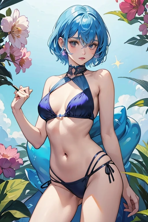 The other Nymph has short hair, similar to Princess Bubblegum's at the end of the episode "Death in Bloom," and a blue bikini. She is slightly curvier, shorter and has bluer skin than her companion. She has no belly button piercing. She has black eyes. SPARKLE; GLITTE